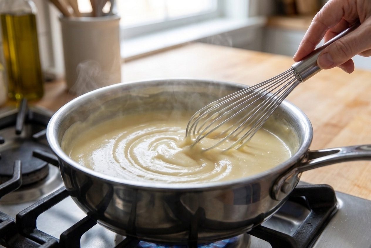 A whisk stirring a thickening creamy sauce in a saucepan until smooth.