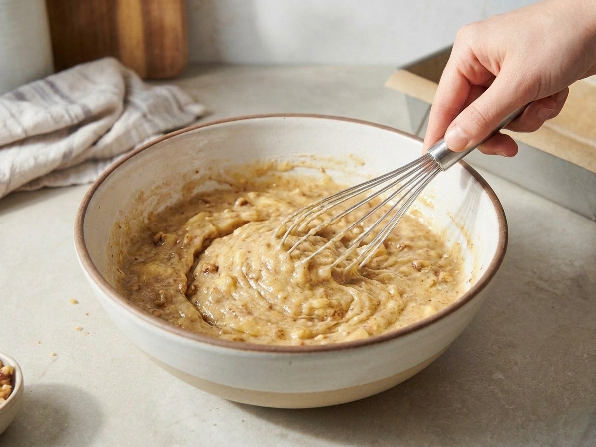 A whisk stirring banana bread batter in a large mixing bowl on a kitchen counter with soft daylight