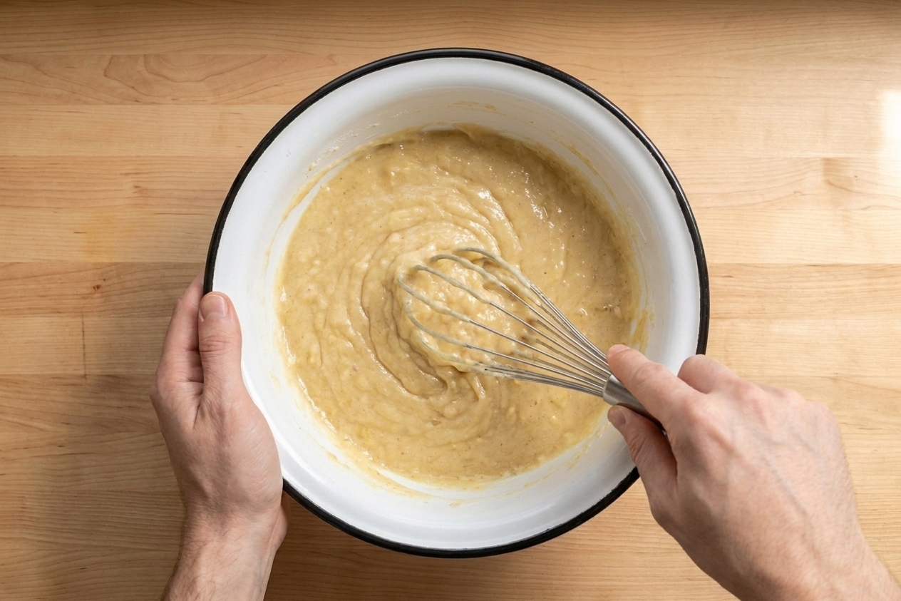 A whisk stirring banana loaf batter in a large bowl on a kitchen counter, batter pale golden and thick