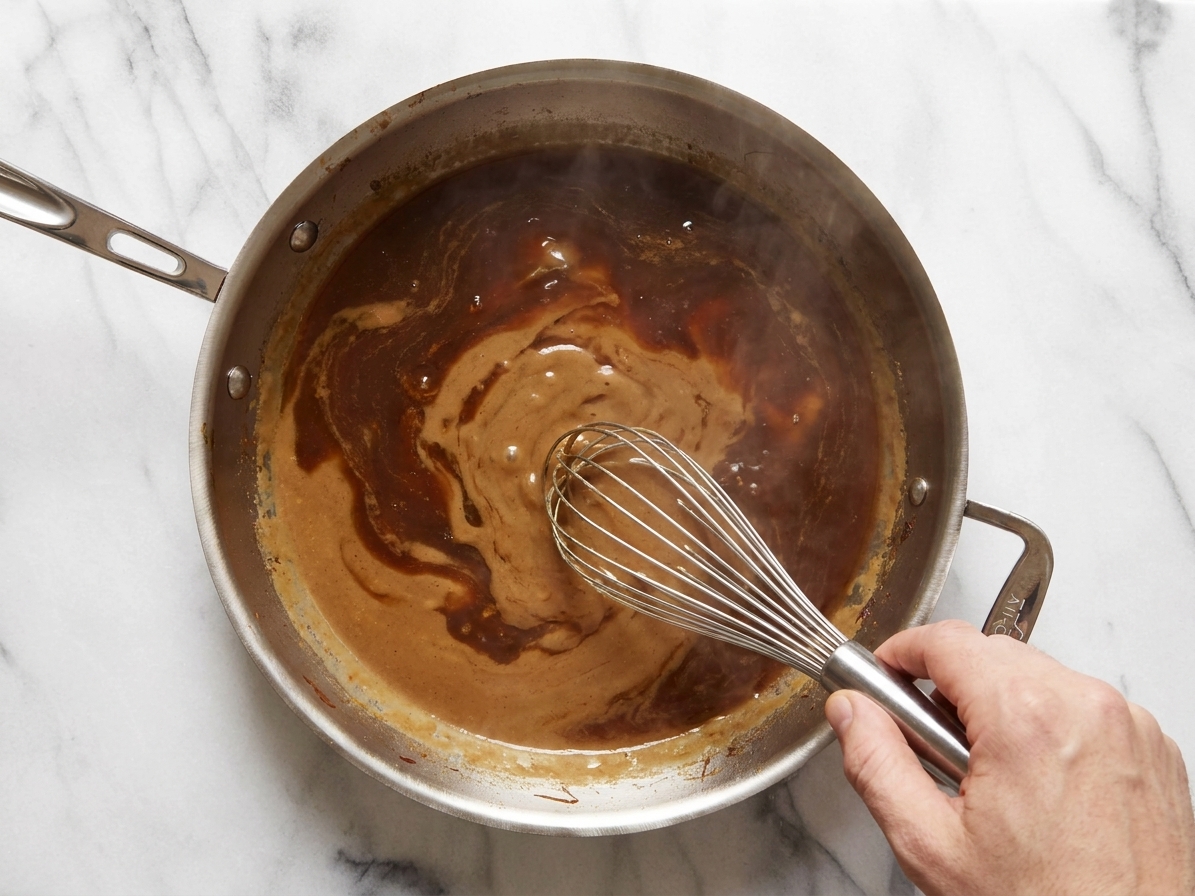 A whisk stirring beef broth into a roux in a saucepan as the sauce turns smooth and light brown
