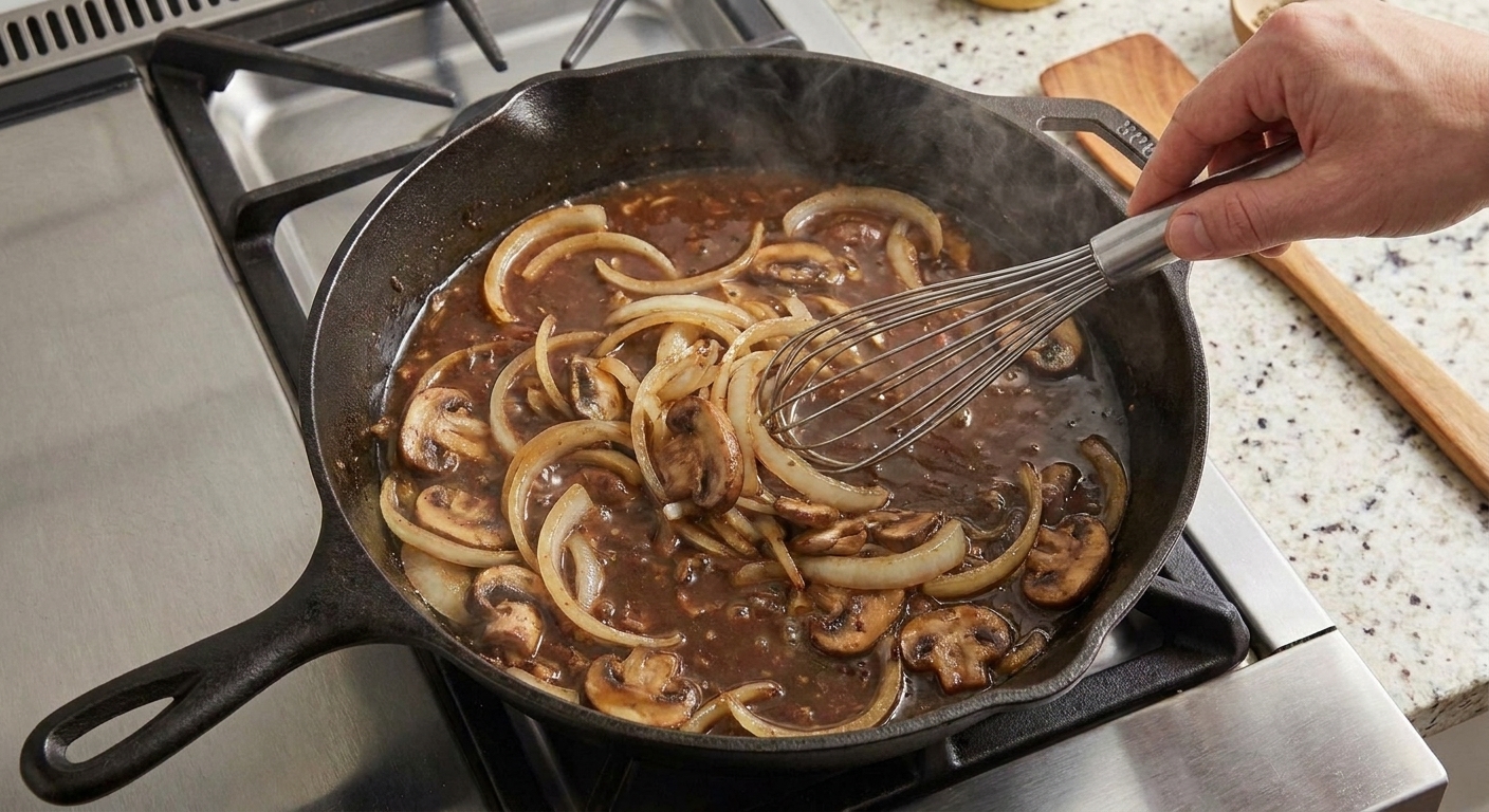 A whisk stirring beef broth into an onion and mushroom mixture in a skillet as the gravy turns glossy