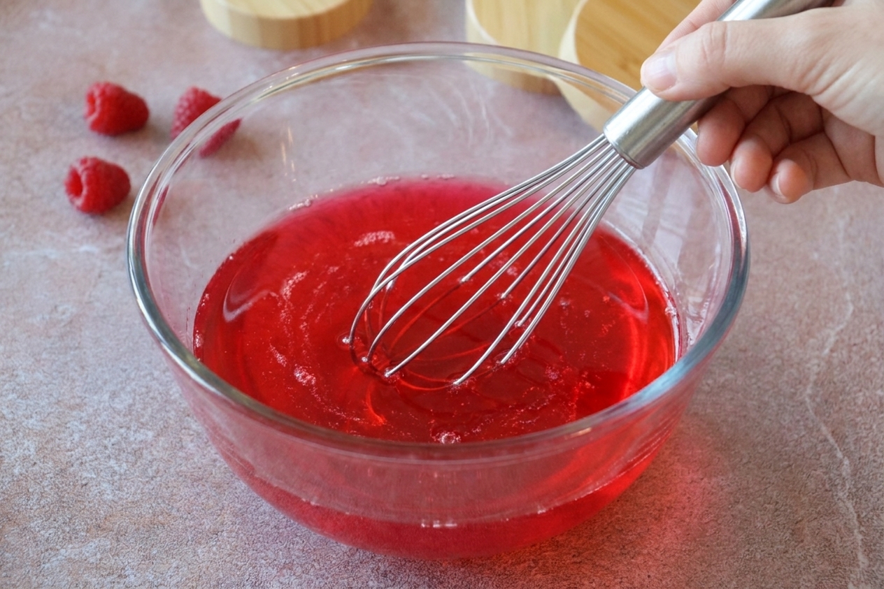 A whisk stirring bright red gelatin mixture in a clear glass bowl on a kitchen counter