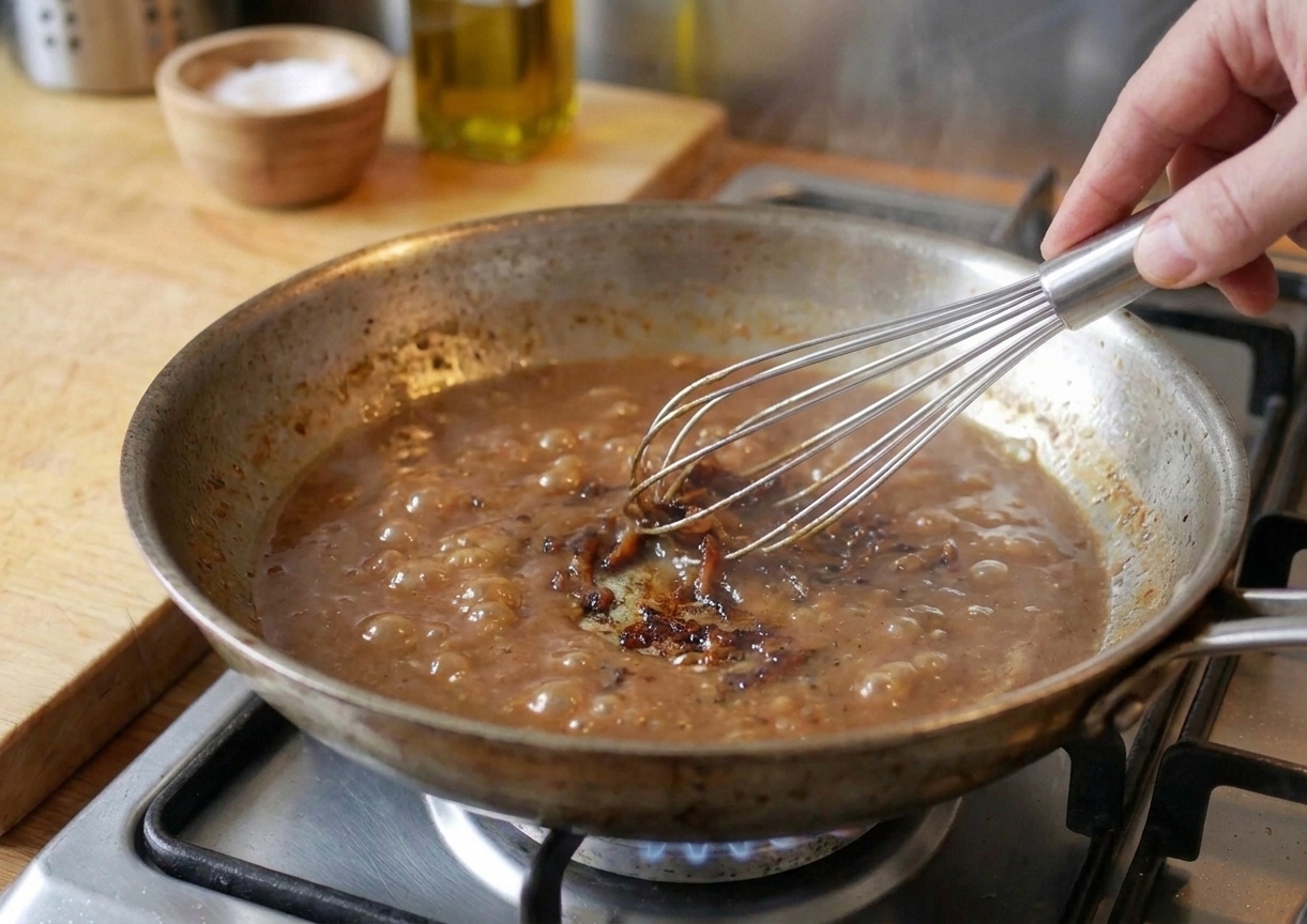 A whisk stirring brown gravy in a skillet, scraping up browned bits from the pan