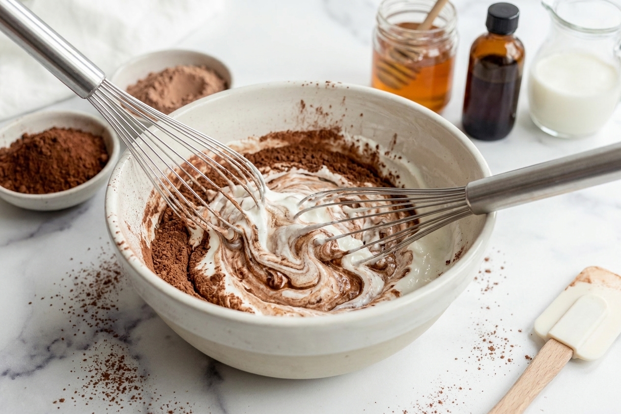A whisk stirring cocoa powder into Greek yogurt in a ceramic mixing bowl on a kitchen counter