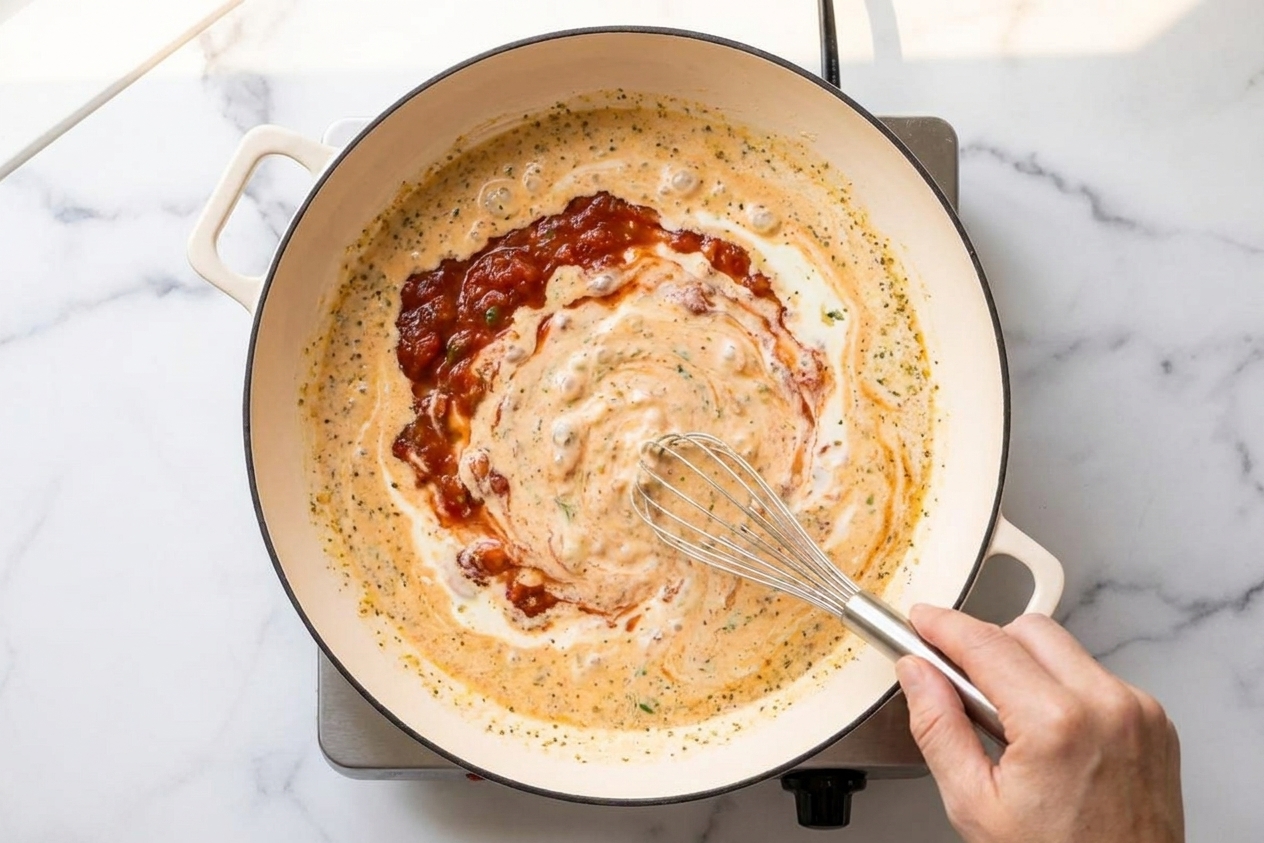 A whisk stirring cream and red salsa together in a skillet as the sauce turns a light orange color