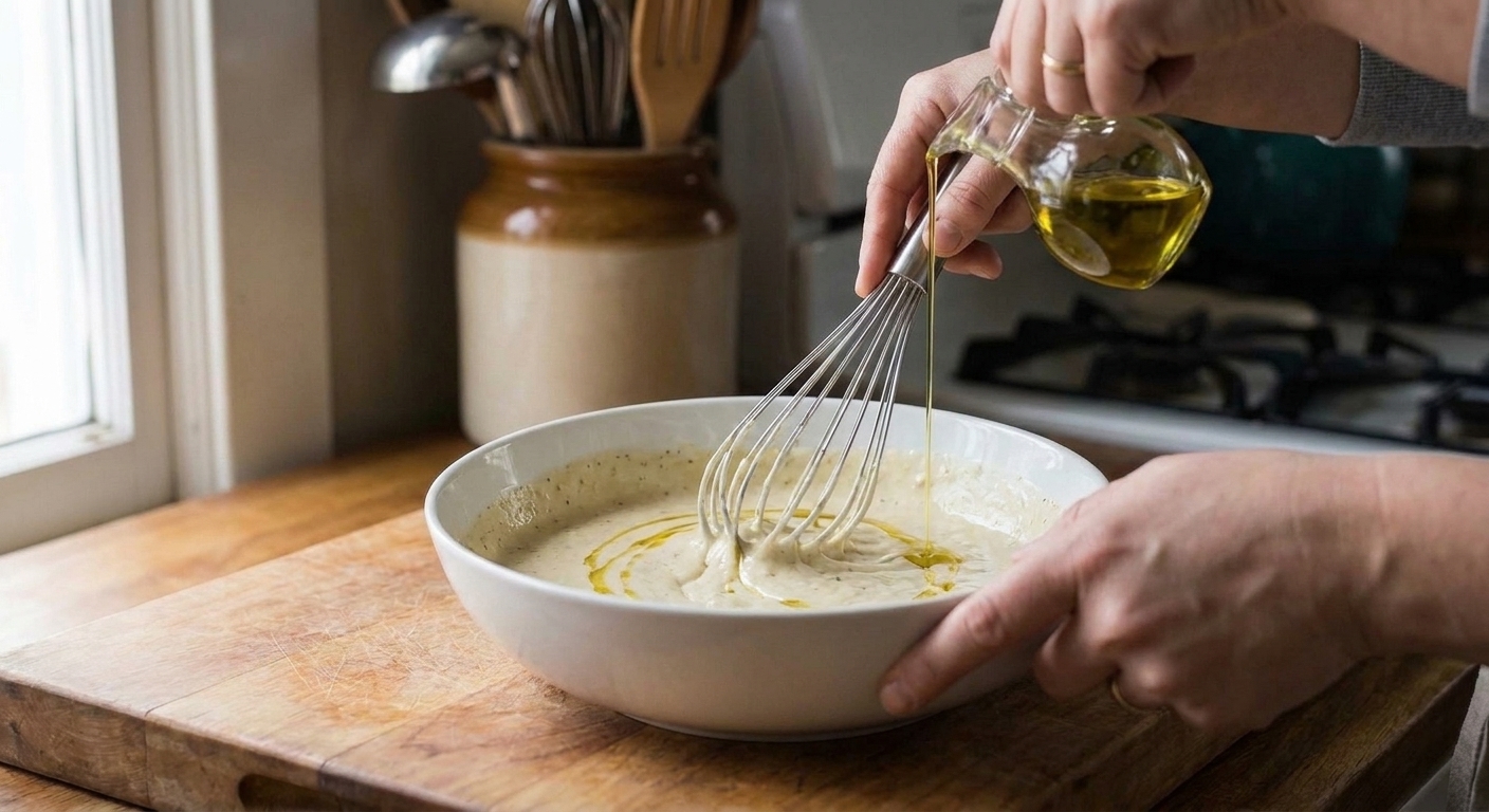 A whisk stirring creamy Caesar dressing in a white bowl as olive oil is drizzled in on a kitchen counter