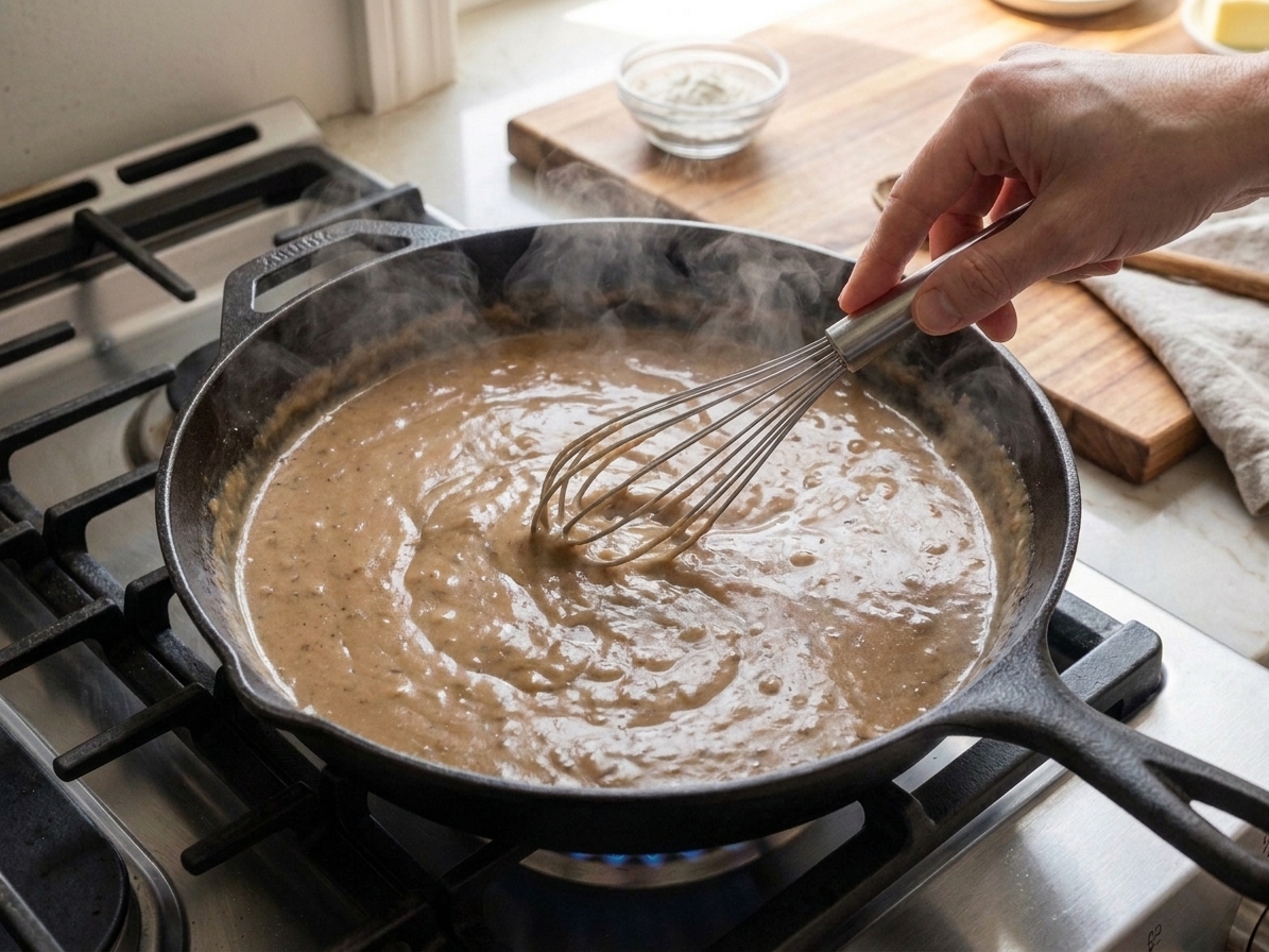 A whisk stirring creamy brown gravy in a skillet as steam rises