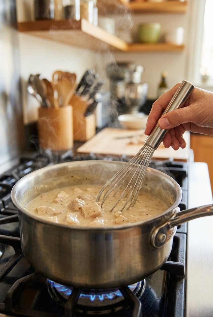 A whisk stirring creamy chicken gravy in a saucepan on a stovetop with steam rising