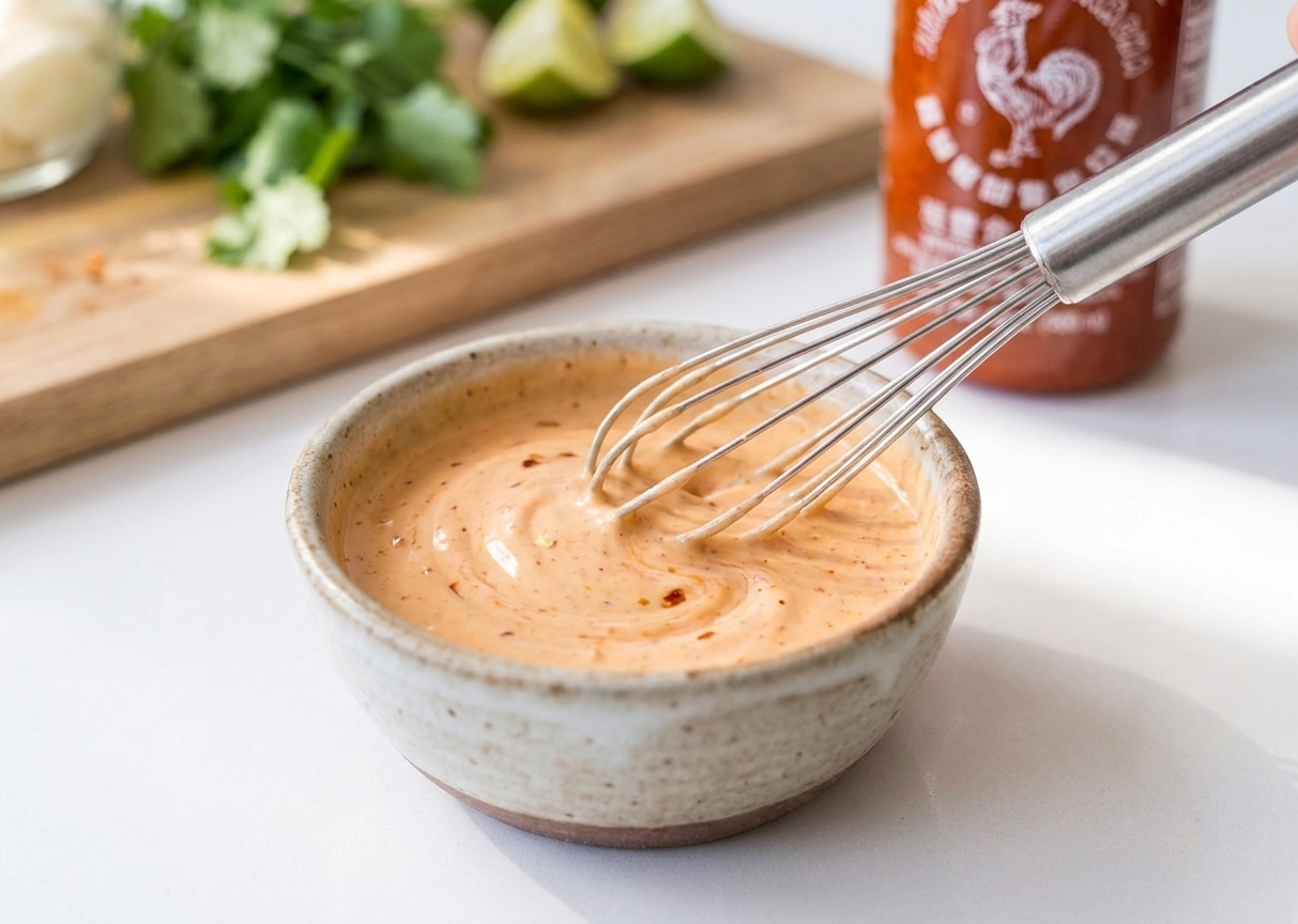 A whisk stirring creamy orange-pink bang bang sauce in a small bowl on a kitchen counter