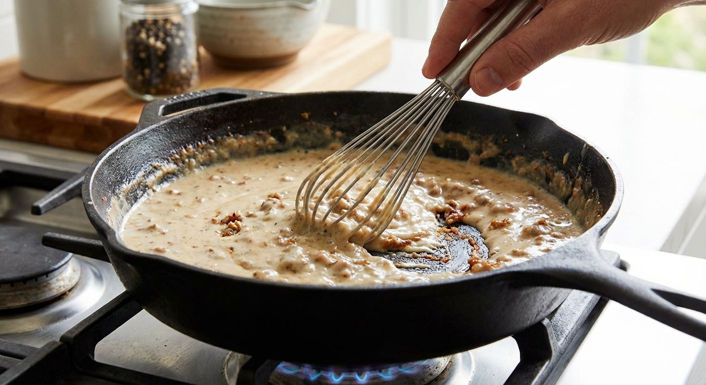 A whisk stirring creamy pepper gravy in a cast iron skillet with browned bits visible