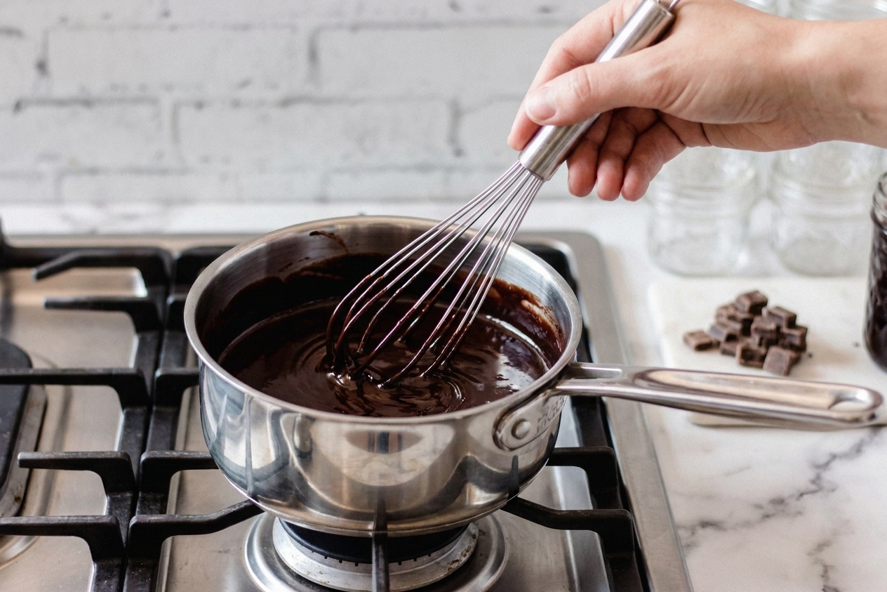 A whisk stirring dark chocolate hot fudge sauce in a small stainless saucepan on a stovetop
