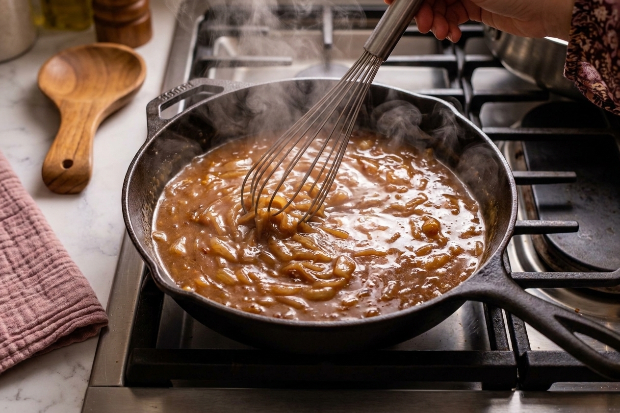 A whisk stirring glossy onion gravy in a skillet on the stove with steam rising
