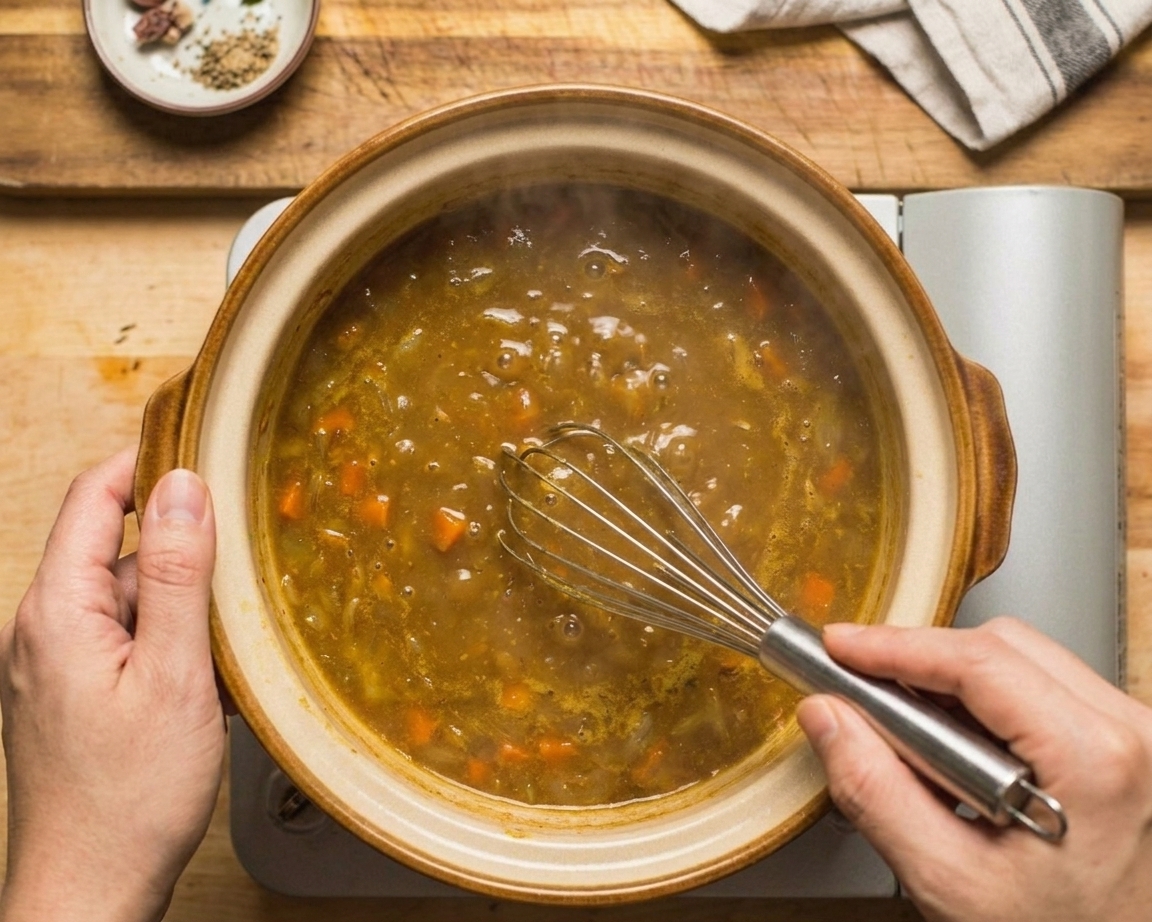 A whisk stirring golden curry broth in a large pot as it simmers on the stove