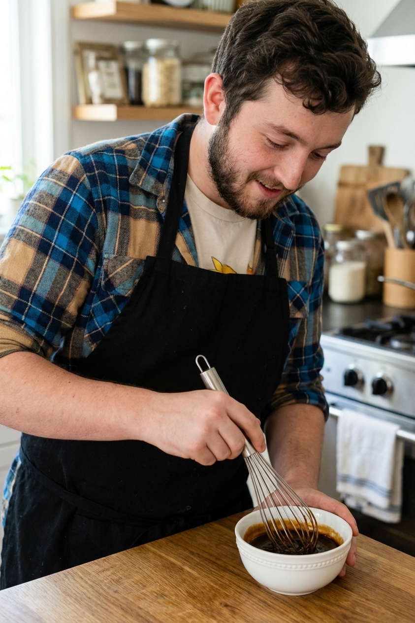 A whisk stirring hoisin sauce in a small bowl on a kitchen counter