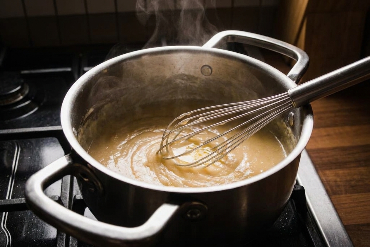 A whisk stirring melted butter and flour into a pale roux in a saucepan on the stove