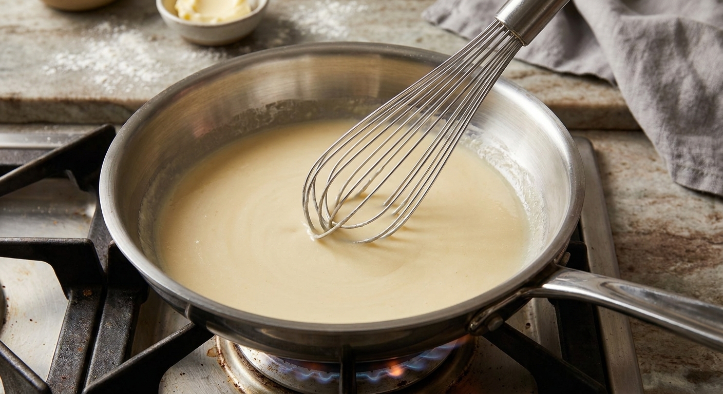 A whisk stirring melted butter and flour into a pale roux in a wide saucepan on the stove