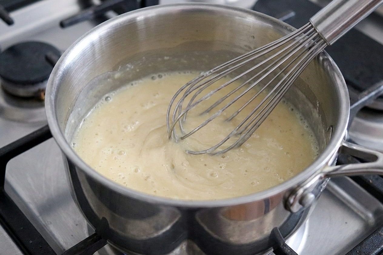 A whisk stirring melted butter and flour into a smooth pale roux in a stainless steel saucepan on the stove