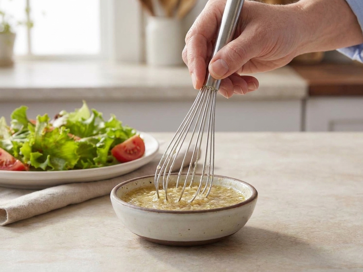 A whisk stirring oil and vinegar dressing in a small bowl as it turns creamy and emulsified