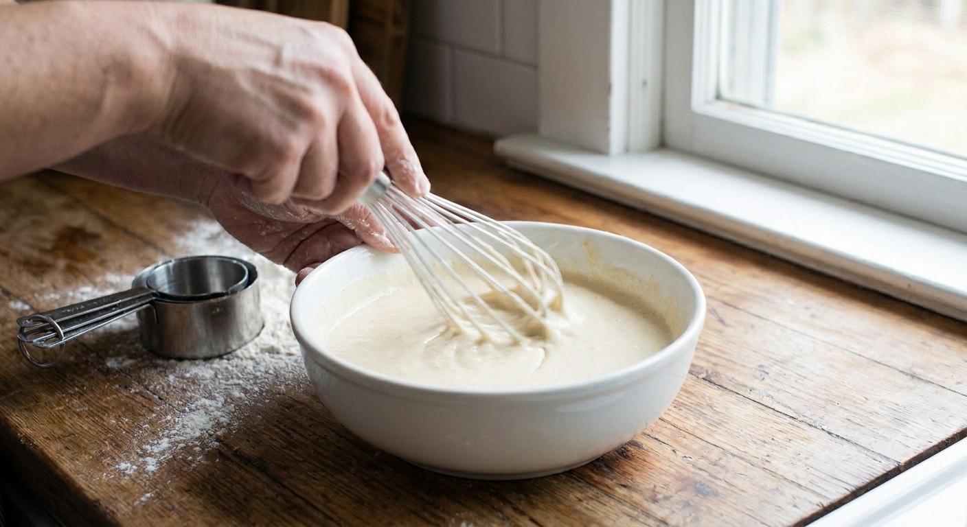 A whisk stirring pale batter in a mixing bowl on a kitchen counter, with measuring cups nearby.