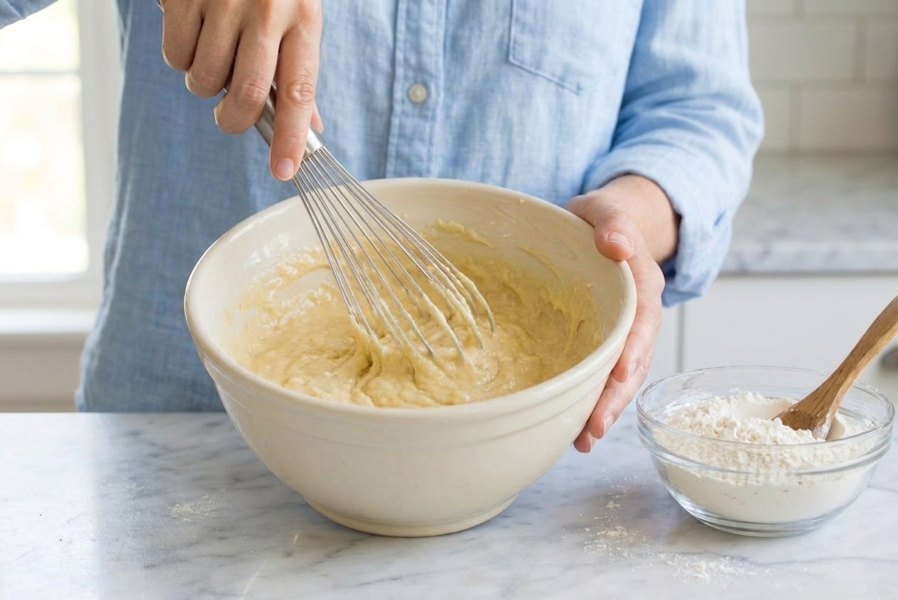 A whisk stirring pale cobbler batter in a ceramic bowl on a countertop next to a small bowl of flour