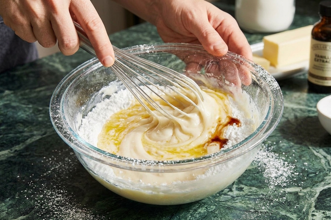 A whisk stirring powdered sugar, melted butter, and vanilla in a mixing bowl, forming a thick pale icing