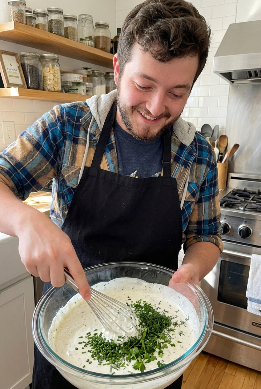 A whisk stirring ranch dressing in a glass mixing bowl with herbs sprinkled on top