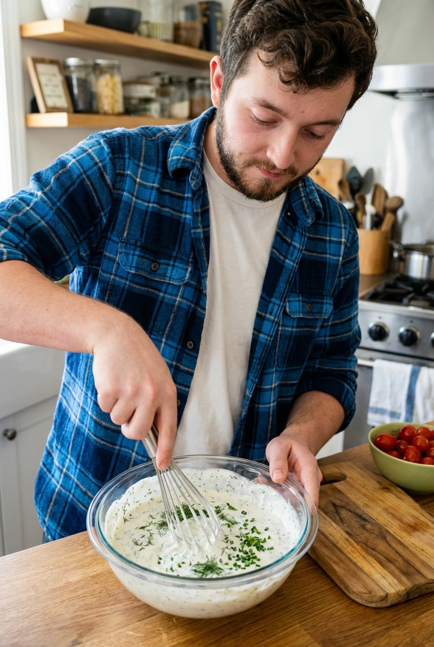 A whisk stirring ranch dressing in a medium mixing bowl with herbs visible