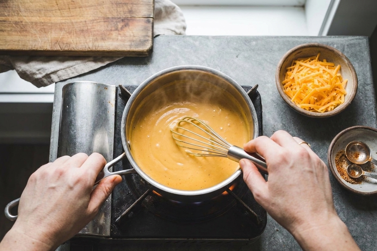 A whisk stirring smooth cheddar queso in a small saucepan on a stovetop, with steam rising in a cozy home kitchen