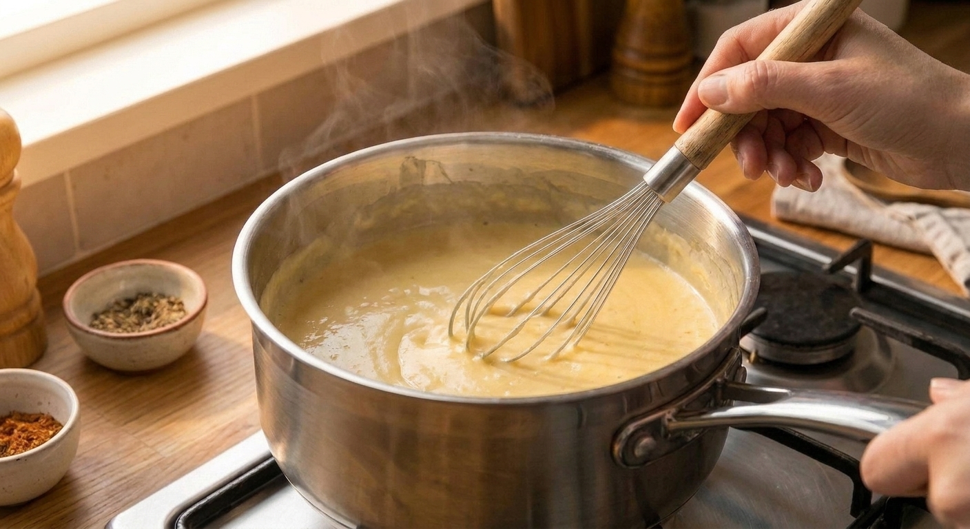 A whisk stirring smooth melted cheese sauce in a saucepan, with steam rising gently