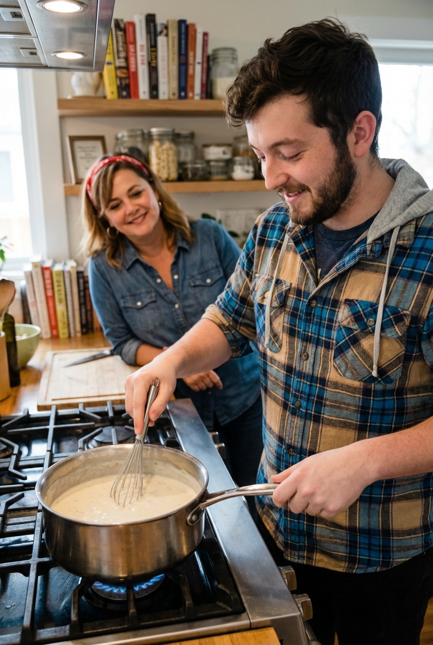 A whisk stirring smooth white gravy in a saucepan on a stovetop