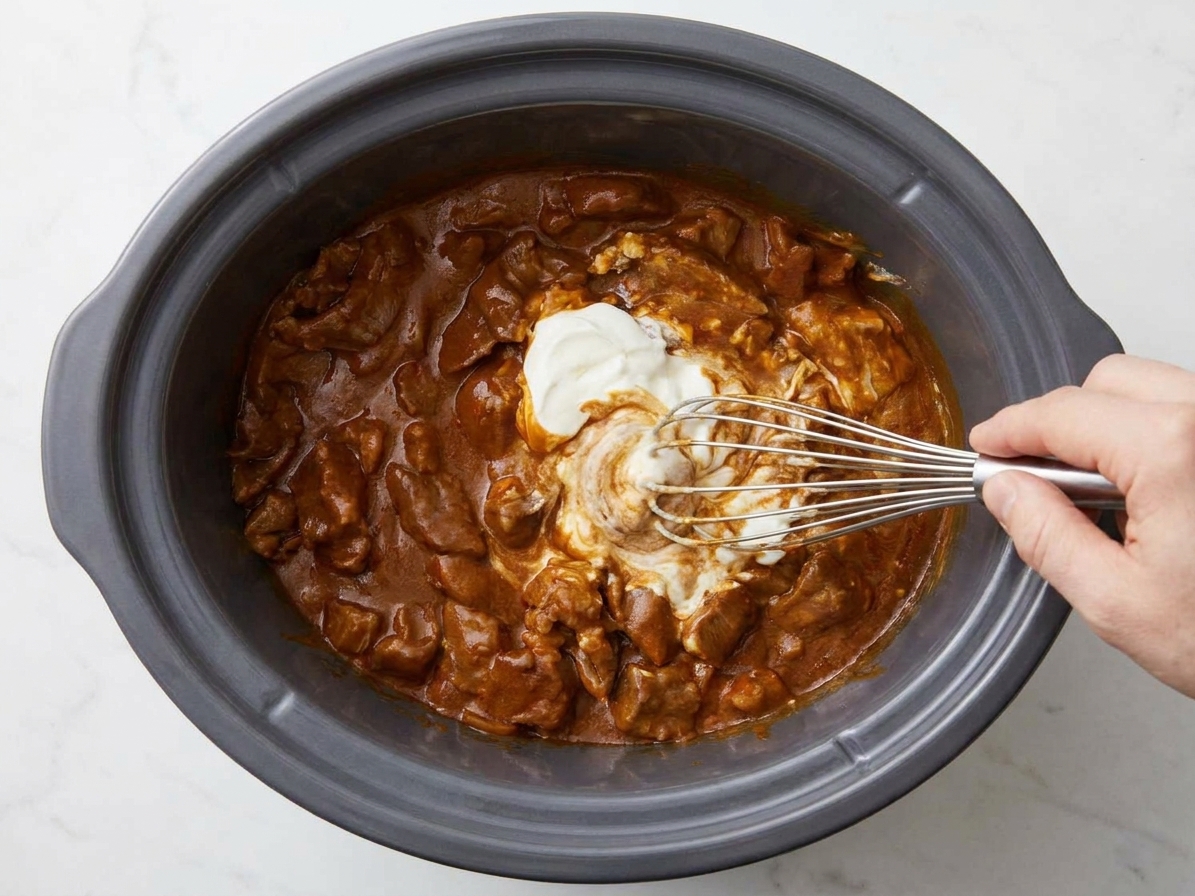 A whisk stirring sour cream into the stroganoff sauce in the slow cooker, creating a creamy texture