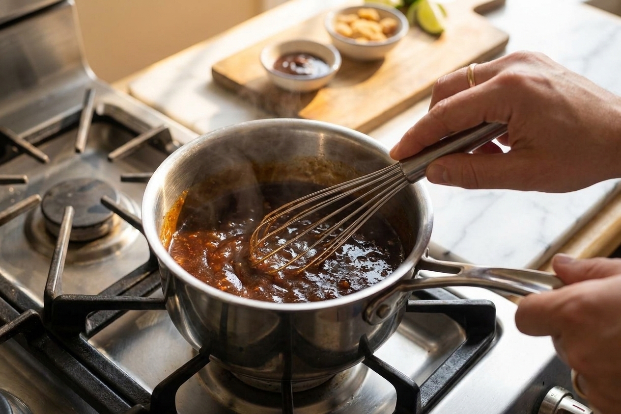 A whisk stirring tamarind, fish sauce, and brown sugar in a small saucepan on a stovetop as the sauce turns glossy