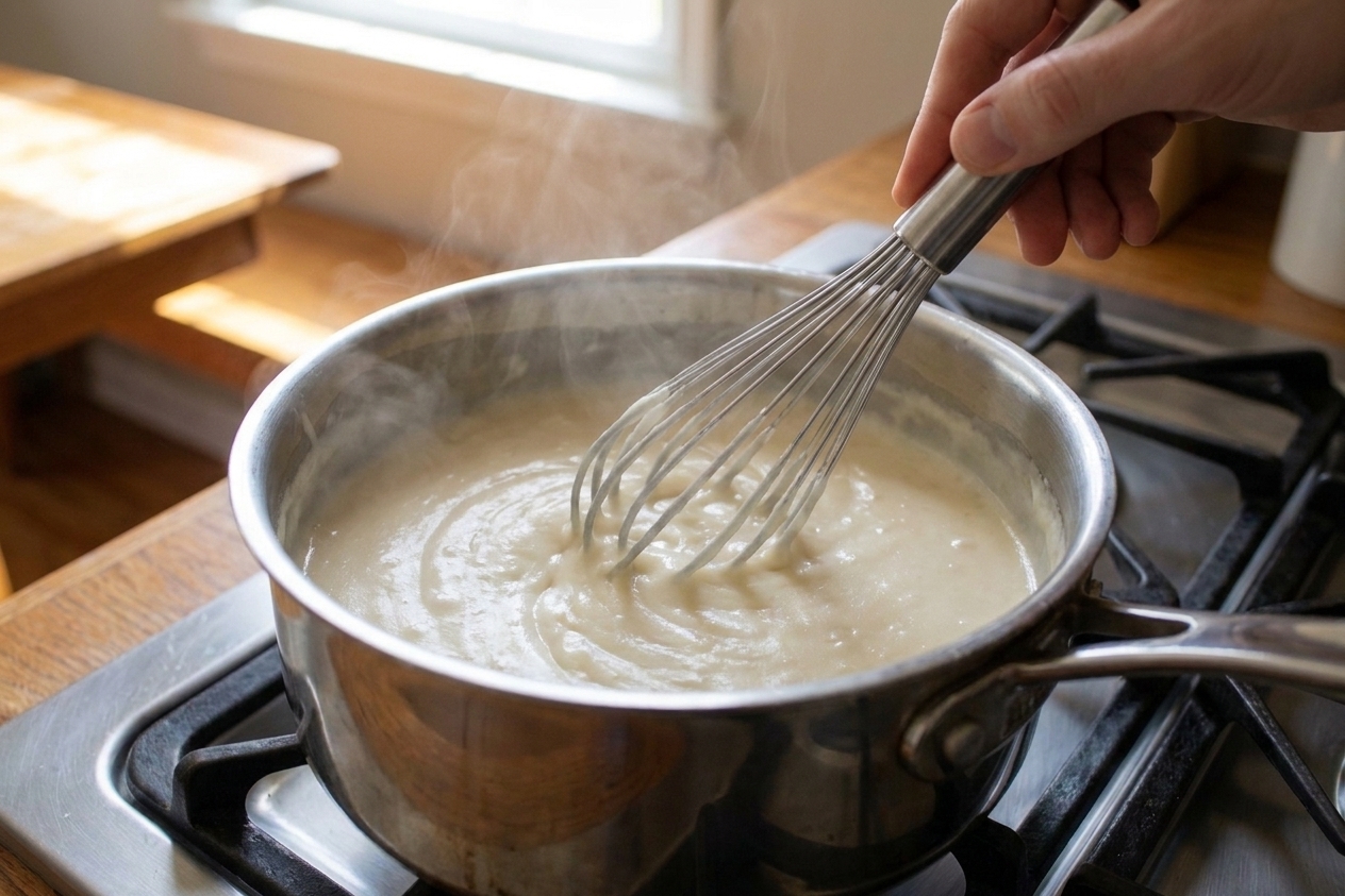 A whisk stirring thick béchamel sauce in a stainless steel saucepan on a stovetop, with steam rising in a cozy home kitchen