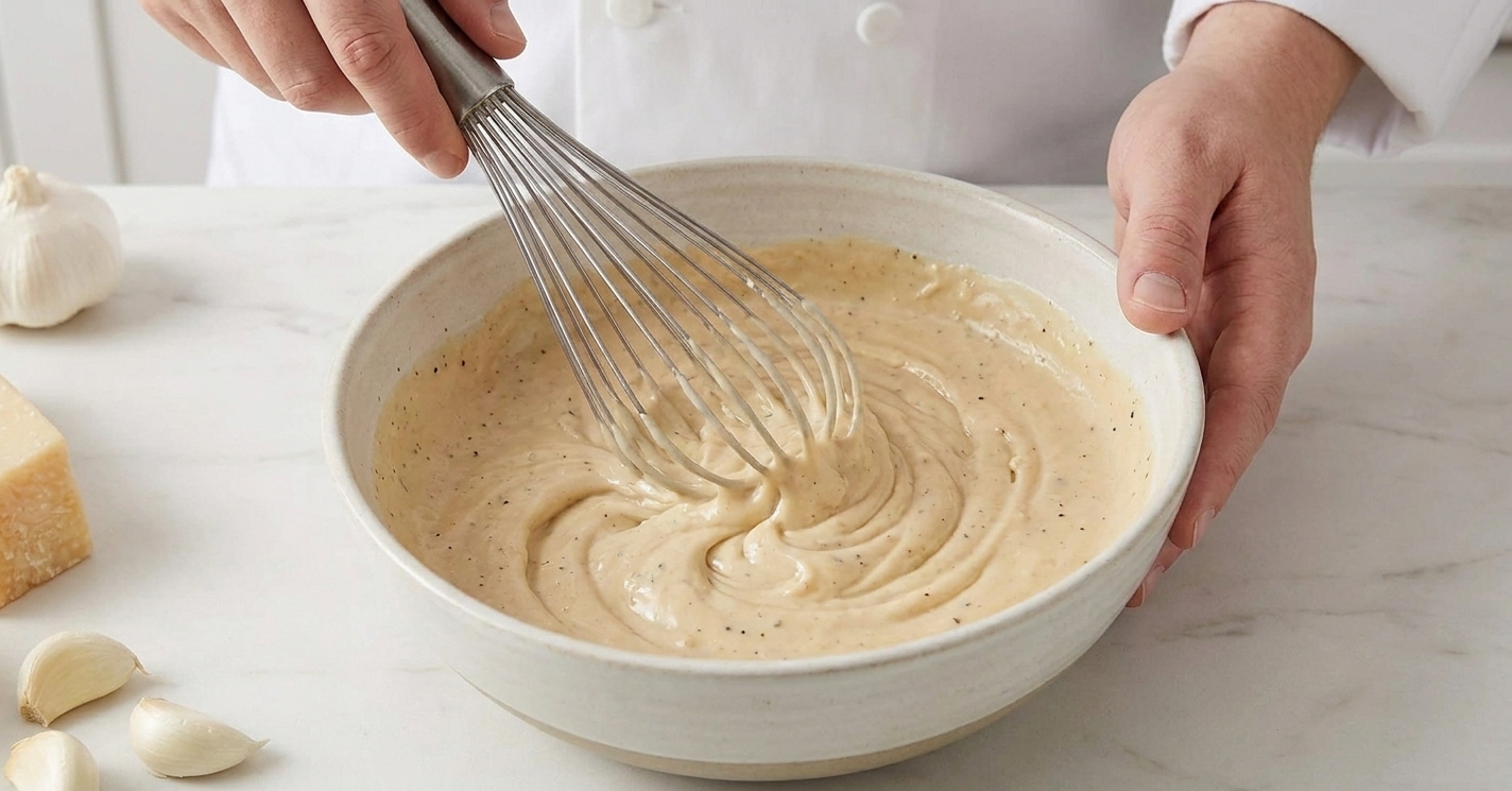 A whisk stirring thick, creamy Caesar sauce in a ceramic bowl on a kitchen counter