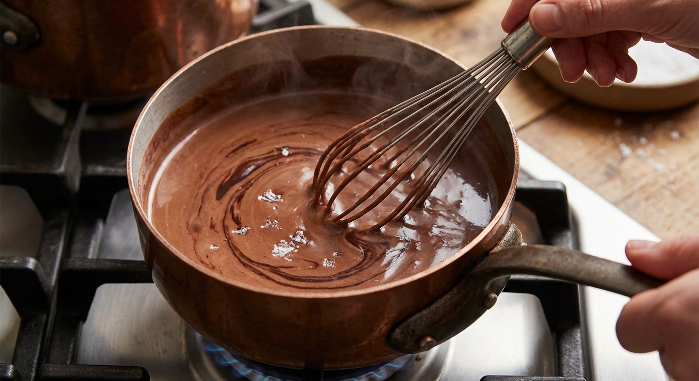 A whisk stirring thick hot chocolate in a saucepan, glossy and smooth