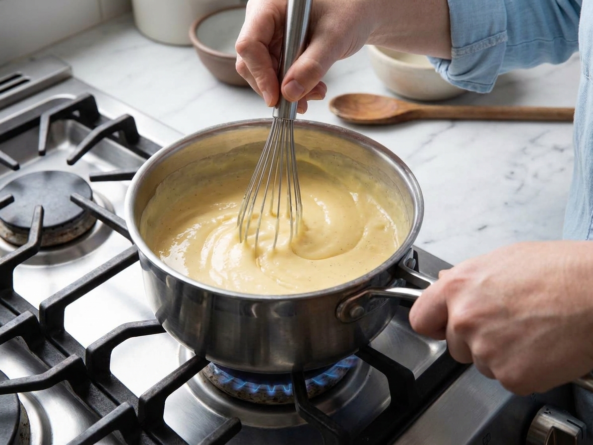A whisk stirring thick vanilla pastry cream in a saucepan on a stovetop