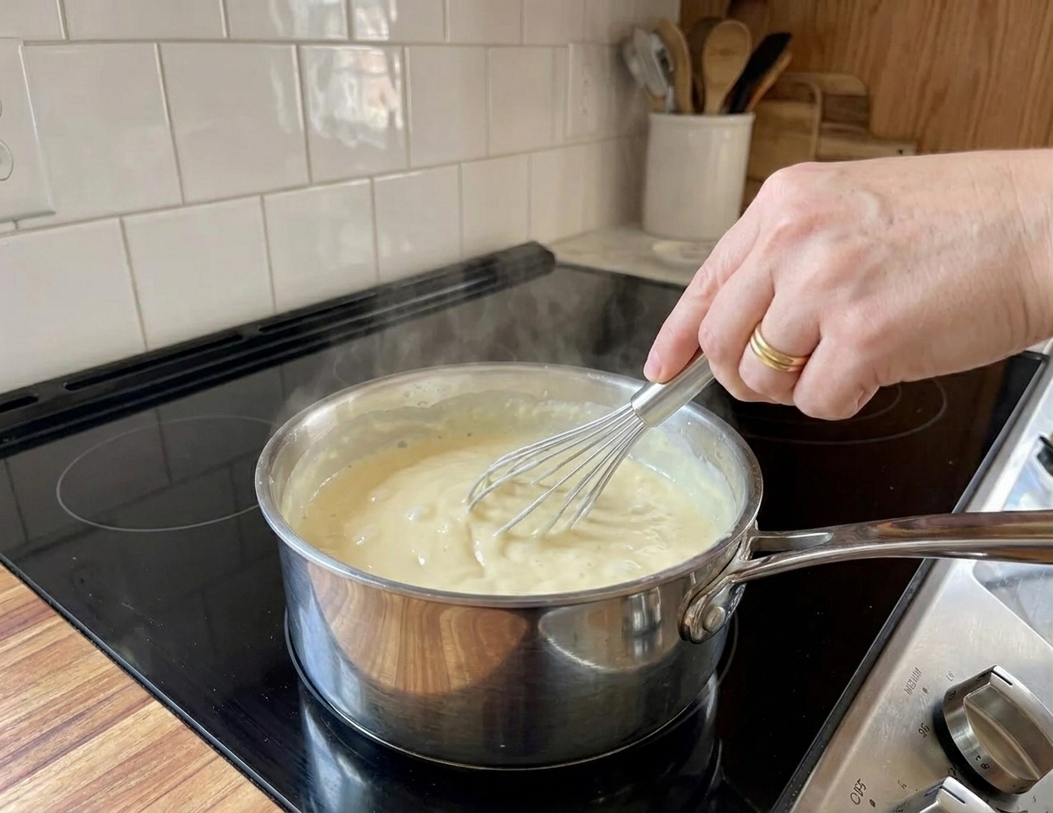 A whisk stirring thick vanilla pudding in a saucepan on a stovetop as the mixture bubbles gently