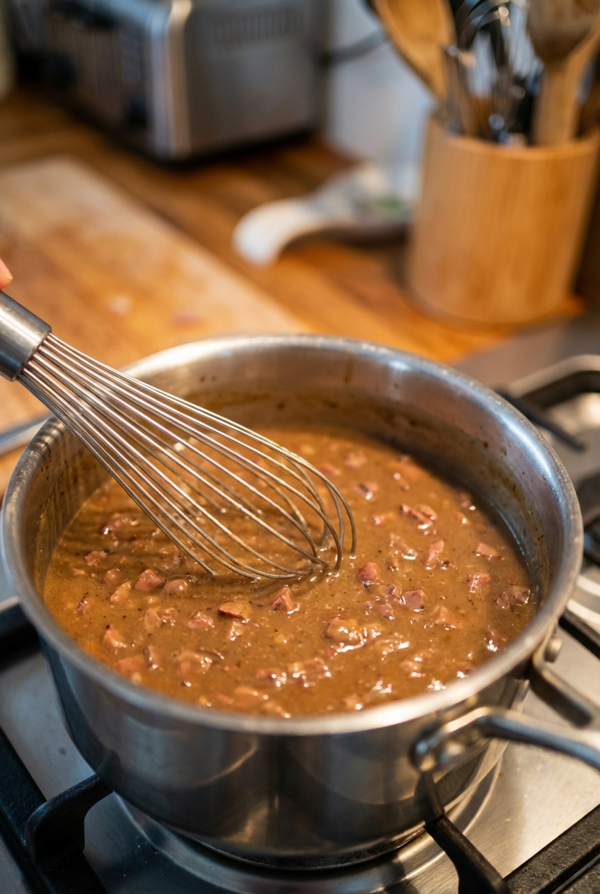 A whisk stirring thickened giblet gravy in a saucepan