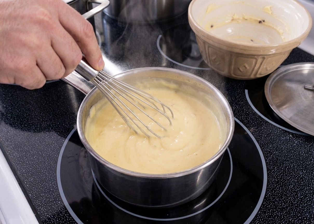 A whisk stirring thickening vanilla custard in a small saucepan on the stove, with gentle steam and warm kitchen lighting