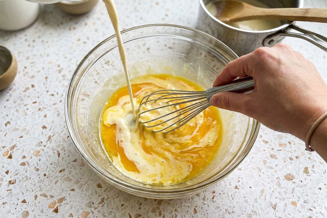 A whisk stirring warm cream into egg yolks in a glass bowl on a kitchen counter during tempering