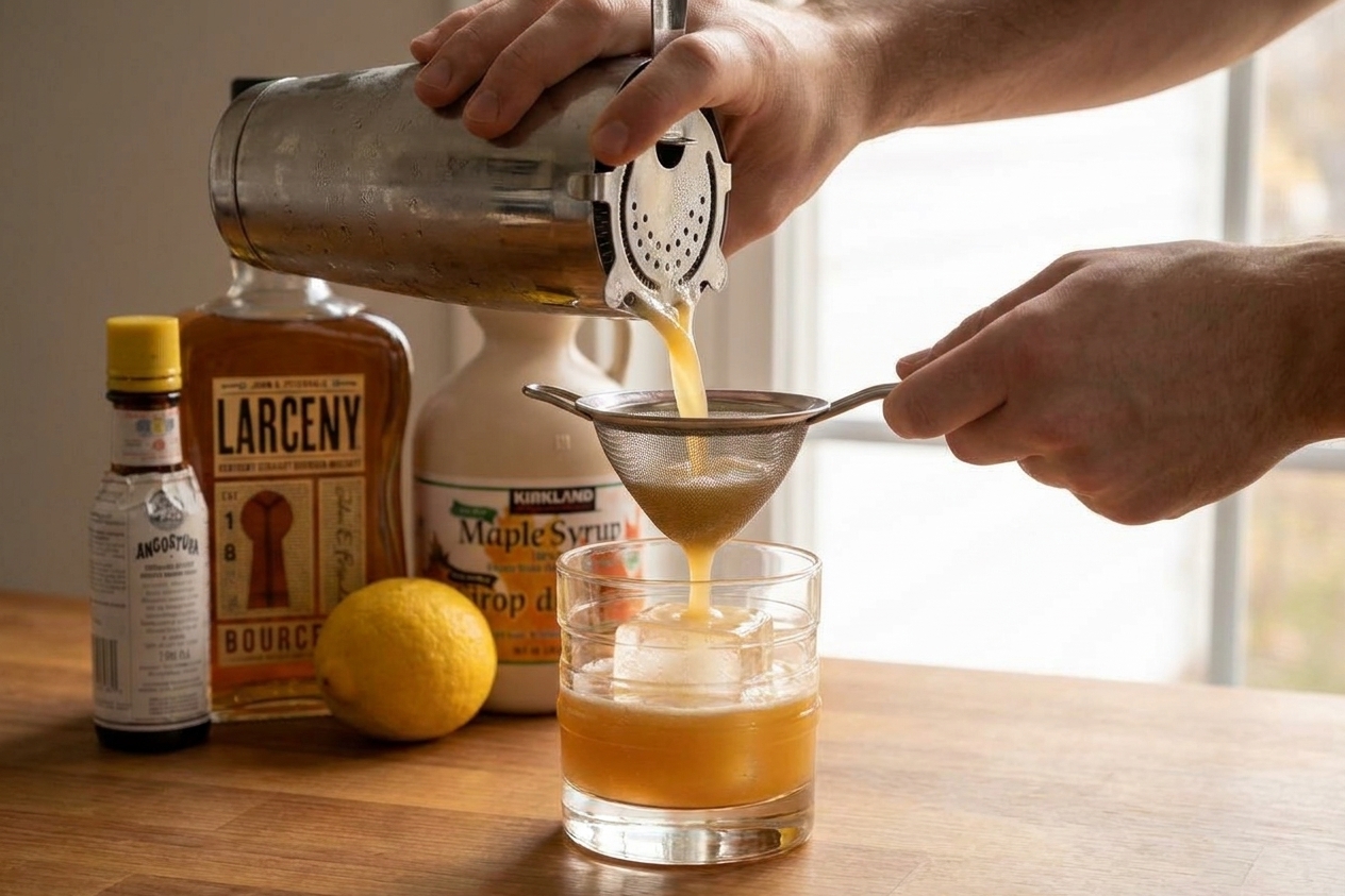 A whiskey sour being strained through a fine-mesh strainer into a rocks glass with a large clear ice cube on a kitchen counter
