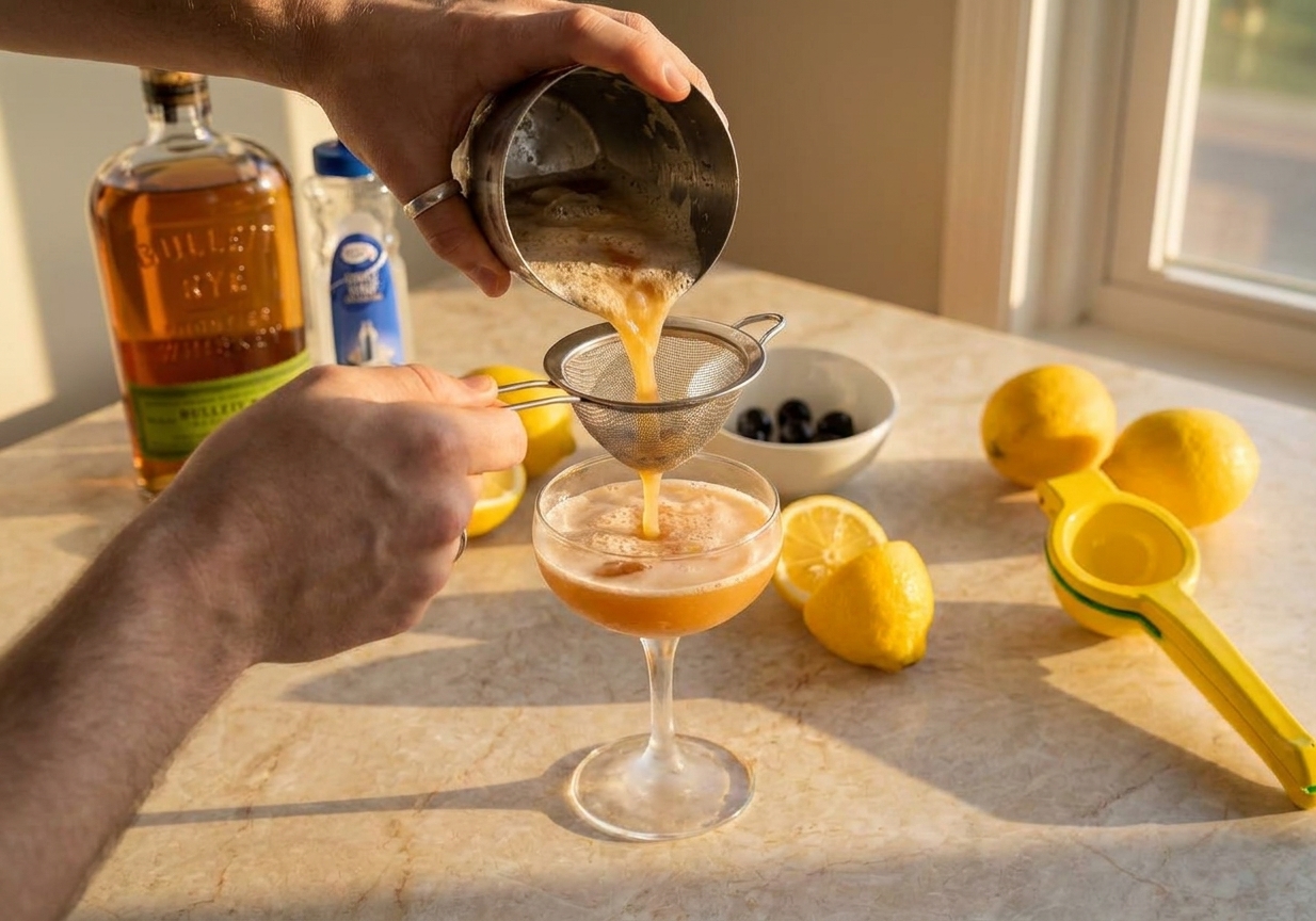 A whisky sour being double strained through a fine-mesh strainer into a chilled coupe glass on a home kitchen counter
