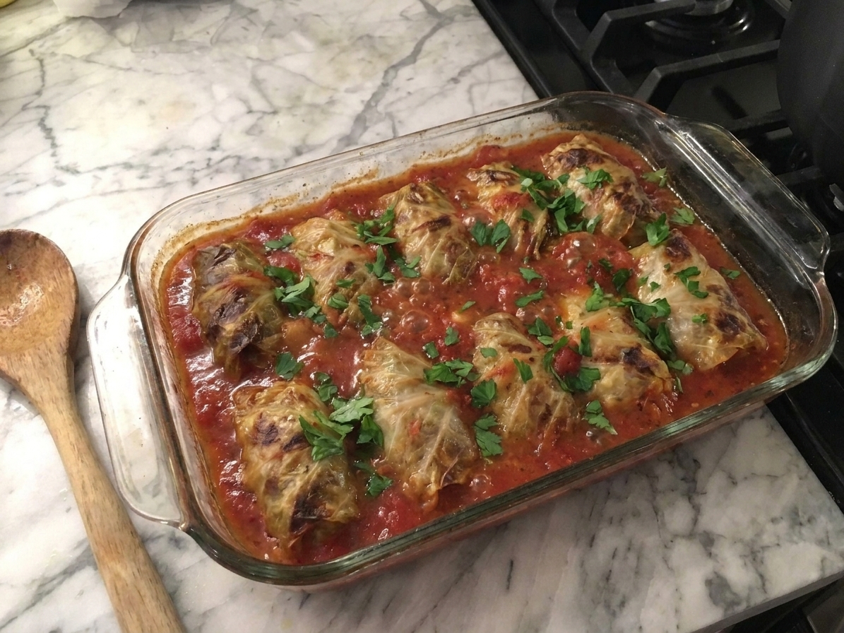 A white baking dish filled with stuffed cabbage rolls nestled in chunky tomato sauce, fresh parsley scattered on top, set on a warm kitchen table