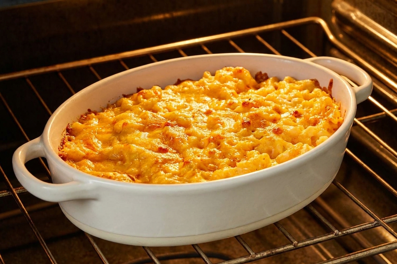 A white baking dish of mac and cheese on an oven rack with the top turning golden and bubbly under warm oven light