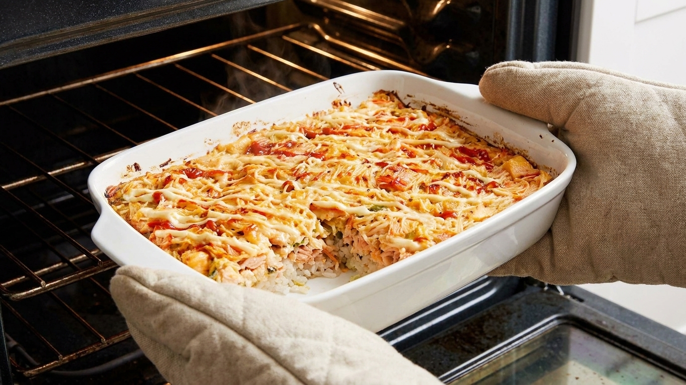 A white baking dish of sushi bake being pulled from the oven with lightly browned edges and a creamy salmon topping