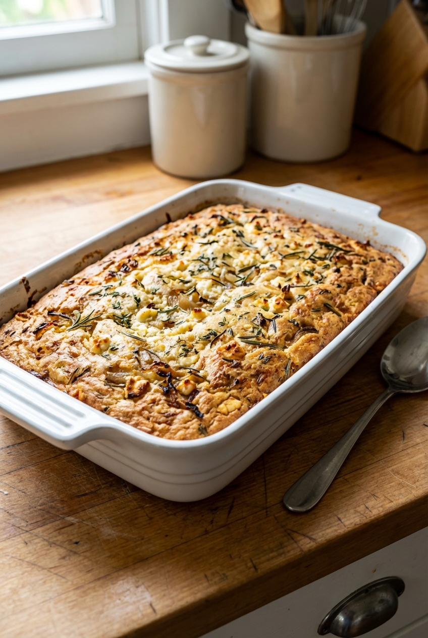 A white baking dish on a wooden counter with a freshly baked savory herb dump cake with a browned topping