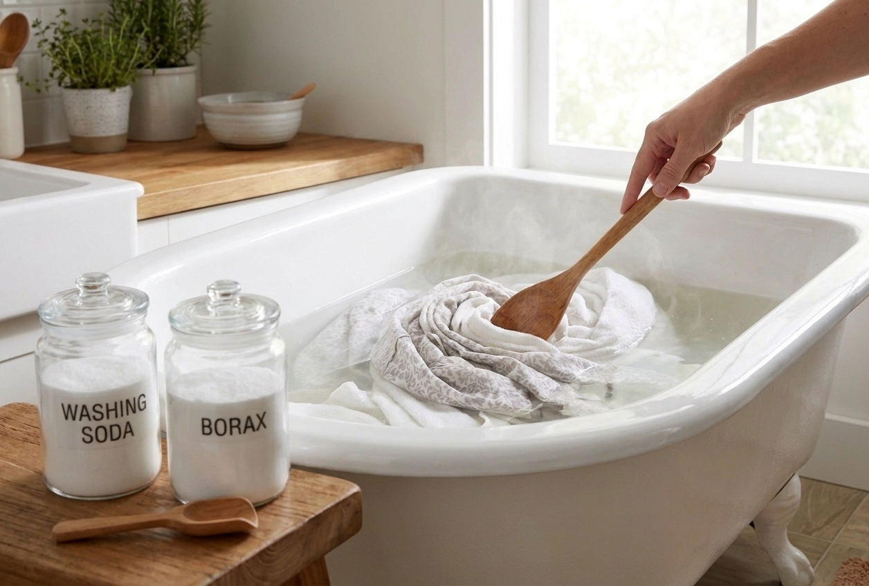 A white bathtub filled with hot water and a bundle of light-colored towels soaking, with a glass jar of washing soda and borax on the bathroom counter nearby