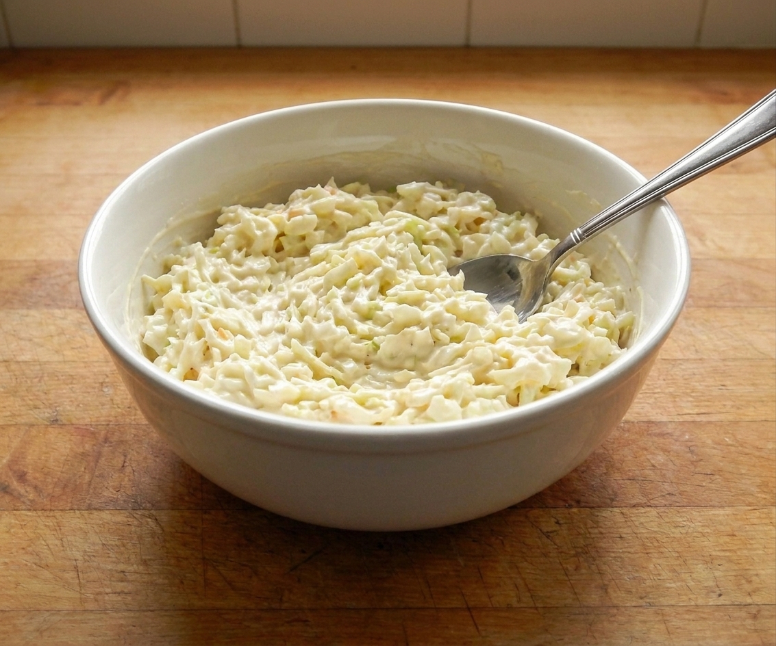 A white bowl filled with creamy finely chopped coleslaw on a bright kitchen table, with a serving spoon beside it