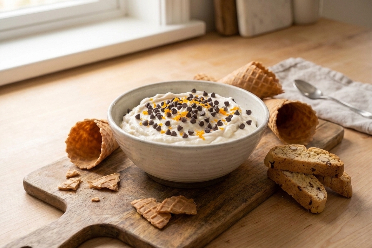 A white bowl of creamy cannoli dip topped with mini chocolate chips and orange zest on a bright kitchen counter, with waffle cone pieces and biscotti nearby