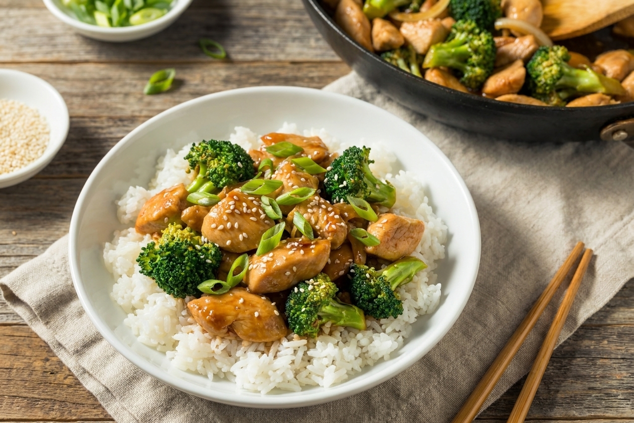 A white bowl of steamed rice topped with glossy chicken and broccoli stir fry, garnished with sliced scallions and sesame seeds on a wooden table